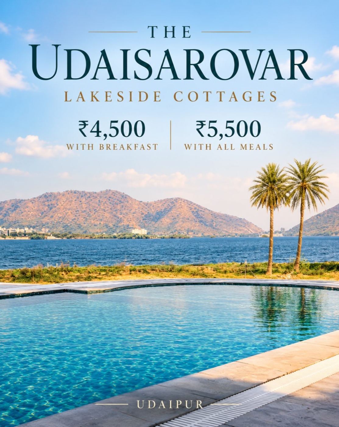 Lakeside cottages — ₹4,500 with breakfast, ₹5,500 with all meals