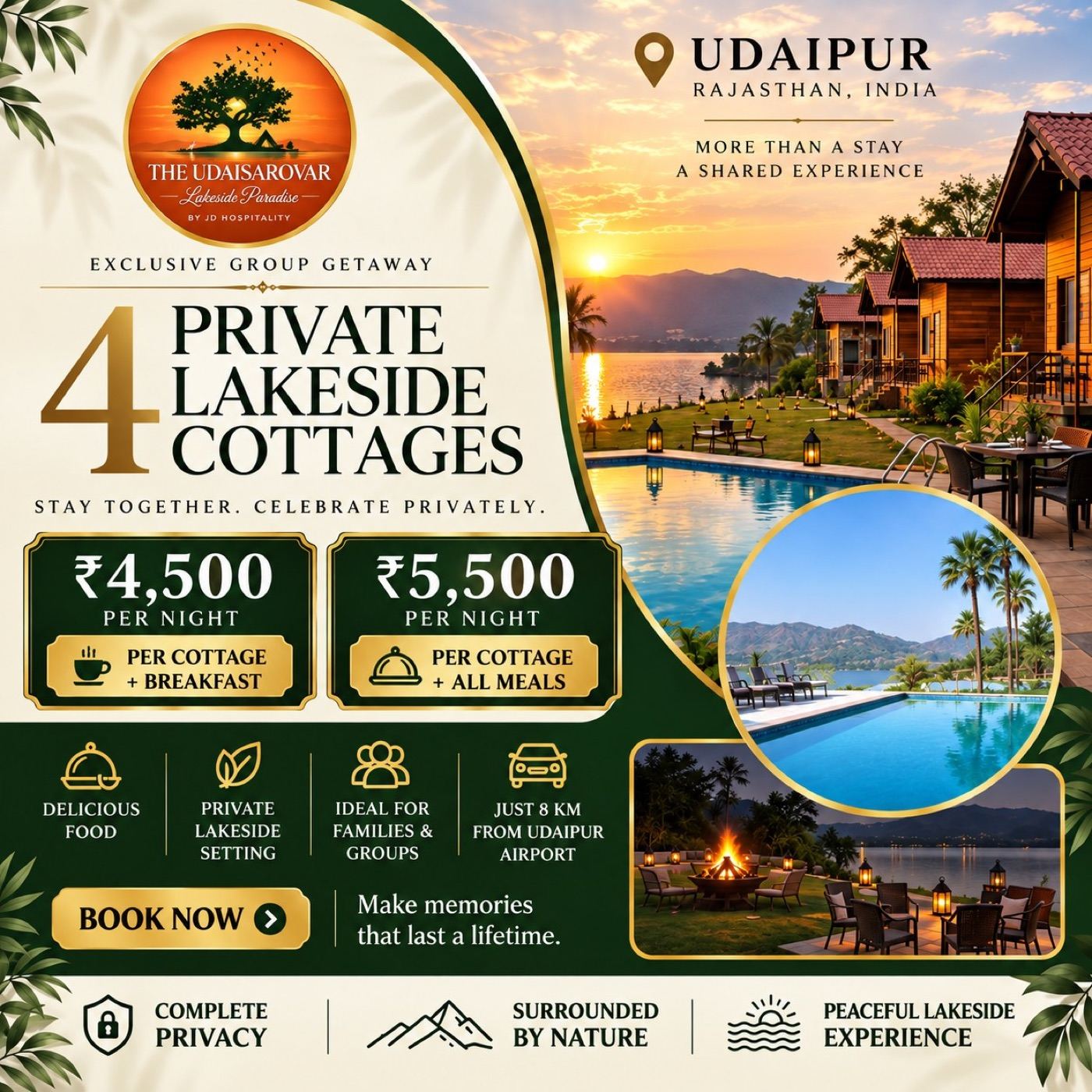 Four private lakeside cottages — exclusive group getaway