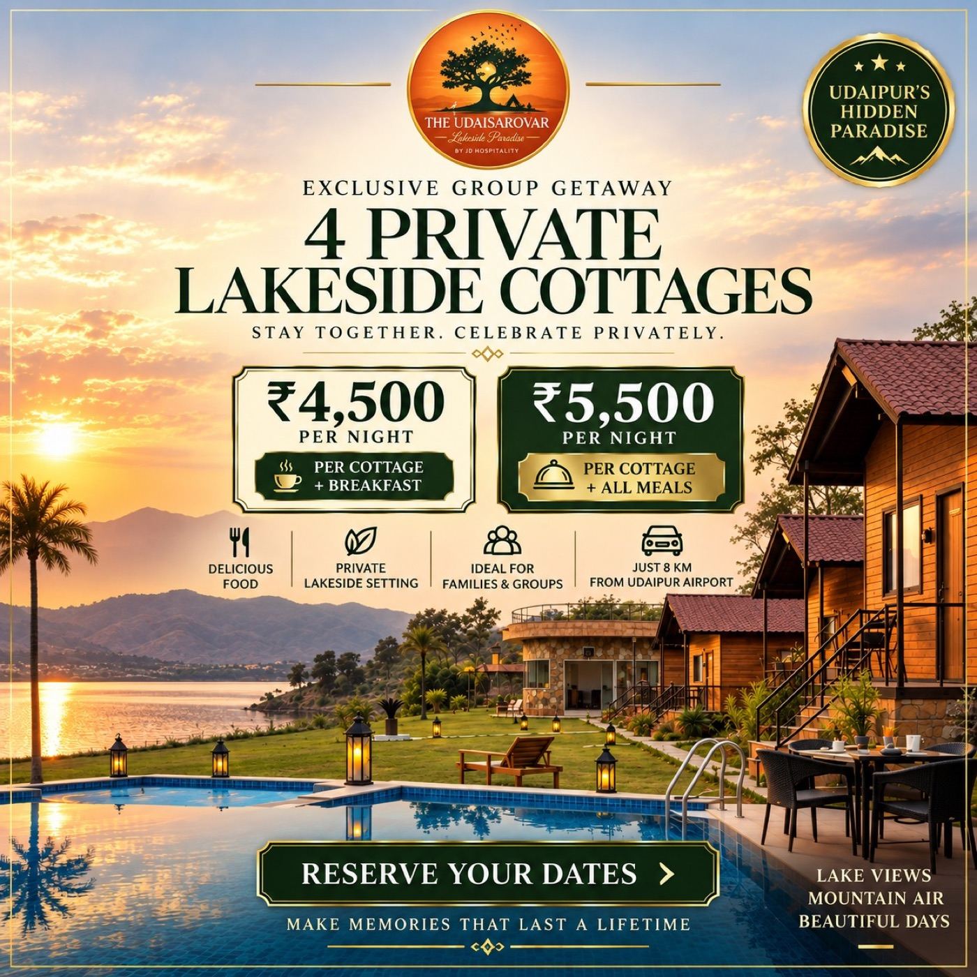 Reserve your dates — four private lakeside cottages