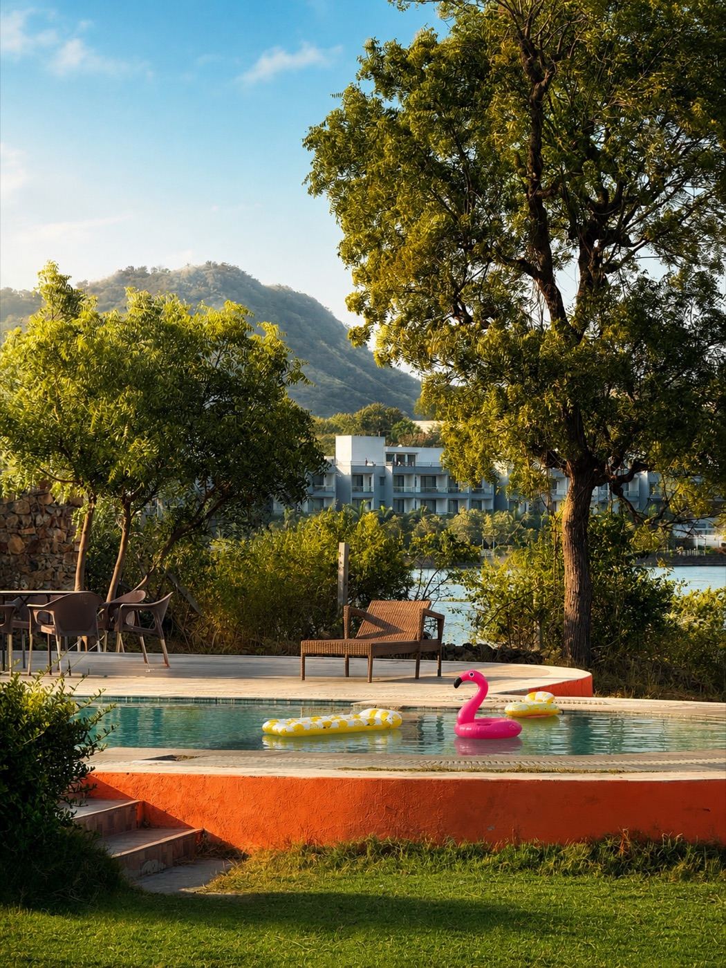 Pool, garden and the Aravalli hills