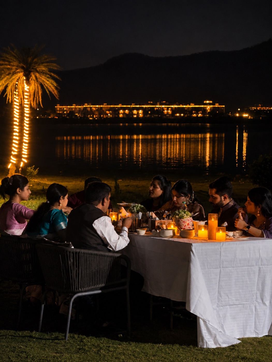 Lakeside dinner under the lights